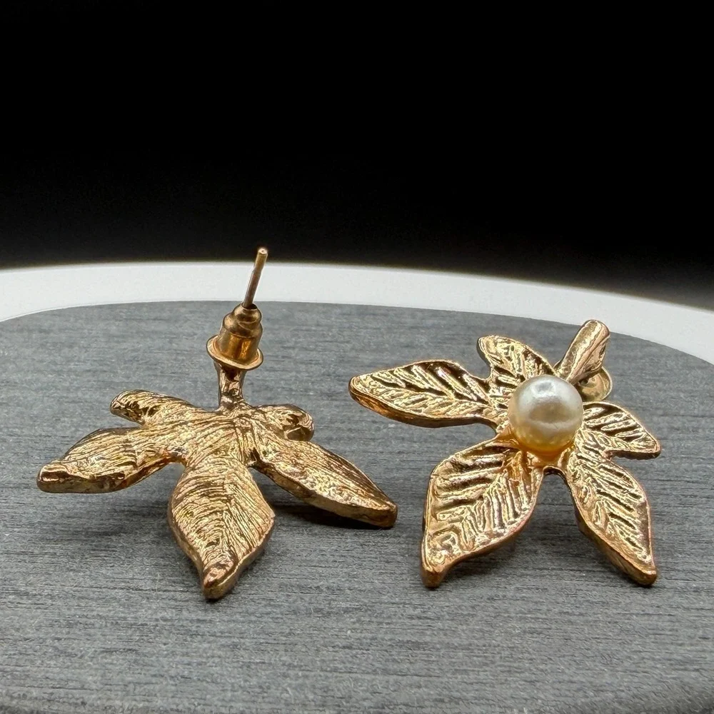 Gold Tone Pearl Leaf Drop Earrings Botanical Cottagecore Statement Jewelry Gift